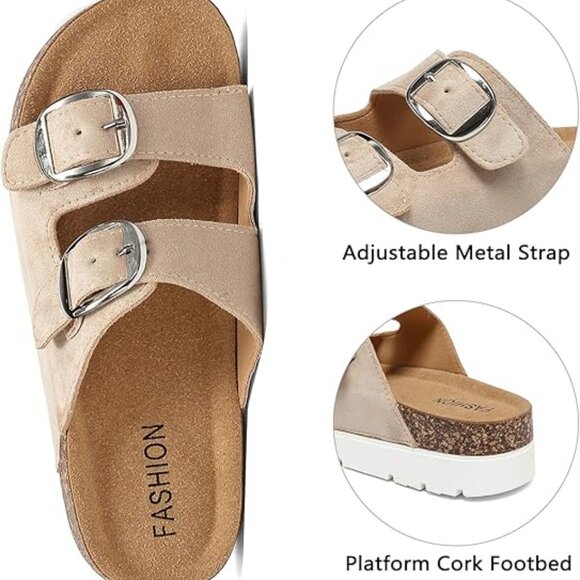 Genuine Leather Platform Sandals | Memory Foam Comfort Platform Sandals Women With Cork Footbed, Non Slip On Slides